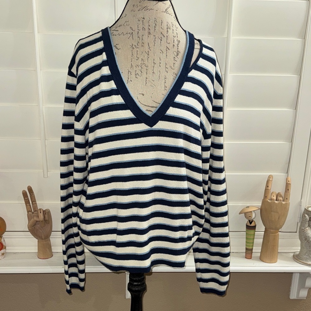 Veronica Beard Herbie V-Neck Pullover in Navy Ivory Stripe